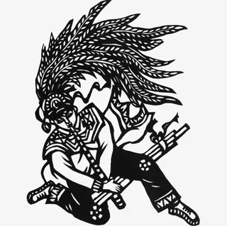 黑色线条画吹芦笙免抠