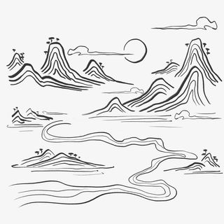 中国风手绘水墨风景山水徽派建筑 23免抠装饰中国风元素