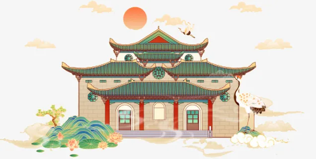 中国风礼堂建筑插画免抠