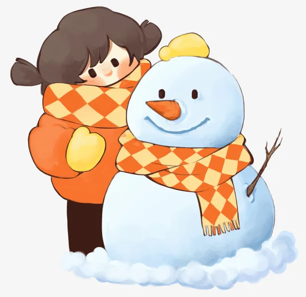 冬天小女孩堆雪人免抠