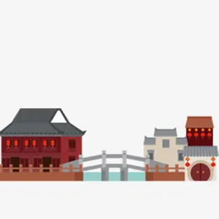 手绘，桥，楼，灯笼免抠