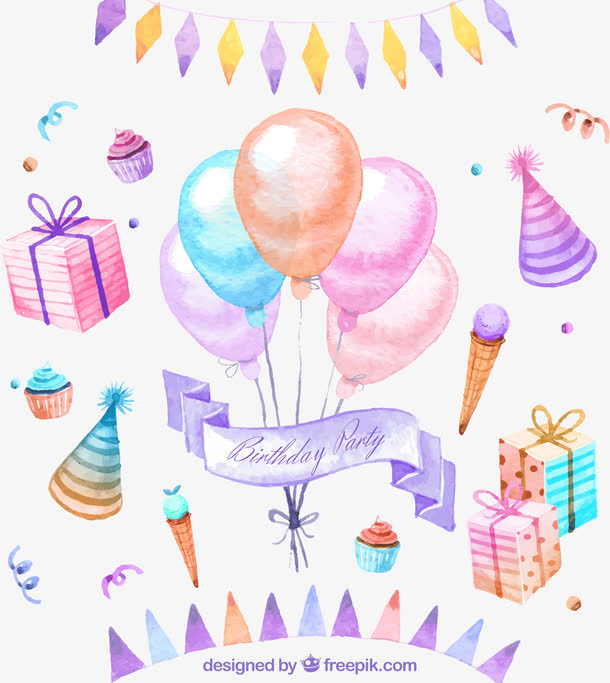 水彩多款生日派对元素免抠