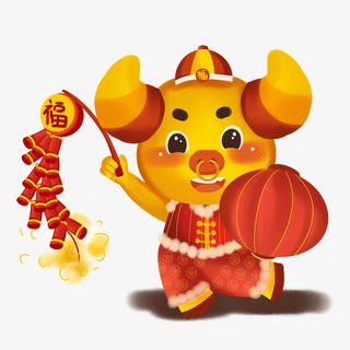 卡通牛放鞭炮提灯笼免抠