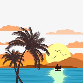 卡通海边夕阳风景免抠