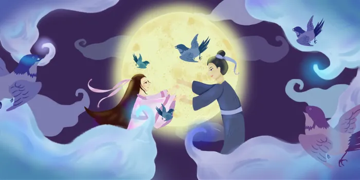 浪漫牛郎织女七夕情人节插画高清
