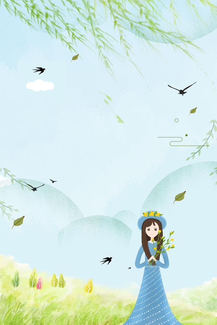 浅蓝色手绘春季上新人物春天背景高清