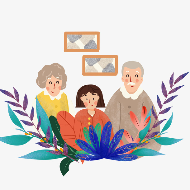 重阳节和老人合影手绘素材免抠