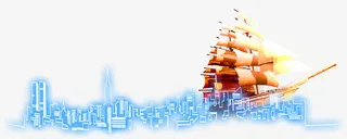 立体大帆船线条蓝色城市背景