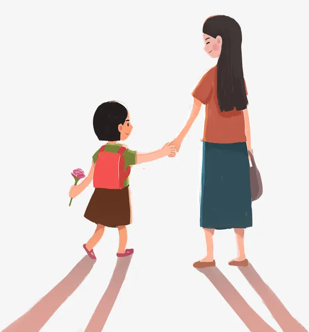 母亲节手绘人物插图妈妈拉着女孩免抠