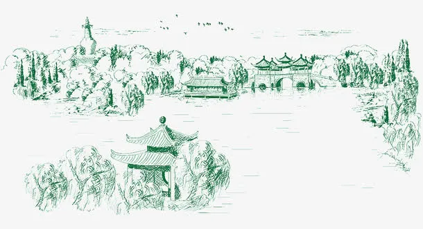 绿色瘦西湖绘画免抠
