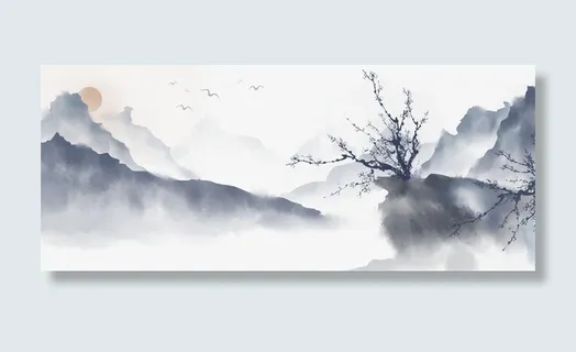 中国风手绘水墨风景山水徽派建筑 4免抠