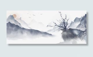 中国风手绘水墨风景山水徽派建筑 4免抠