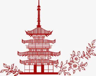 红色中国风线条塔楼免抠