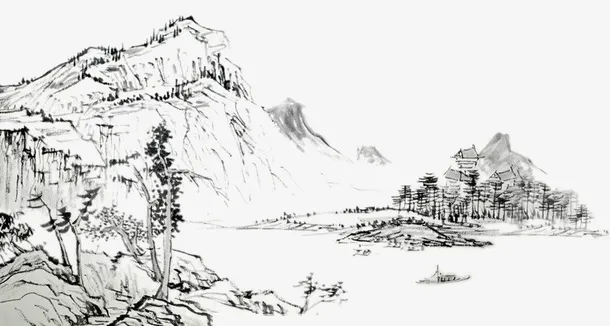 手绘山水画儿png免抠