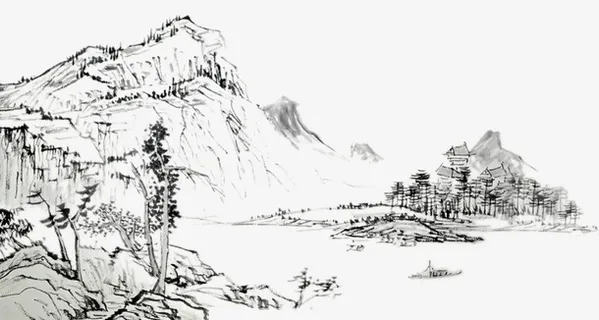 手绘山水画儿png免抠