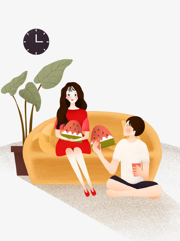 卡通手绘夏季情侣插画免抠