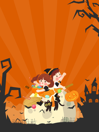 万圣节手绘人物树枝城堡南瓜头蝙蝠高清