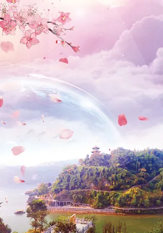 山峰上空的桃花枝背景素材高清