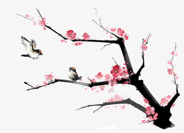 中国风水墨桃花画免抠