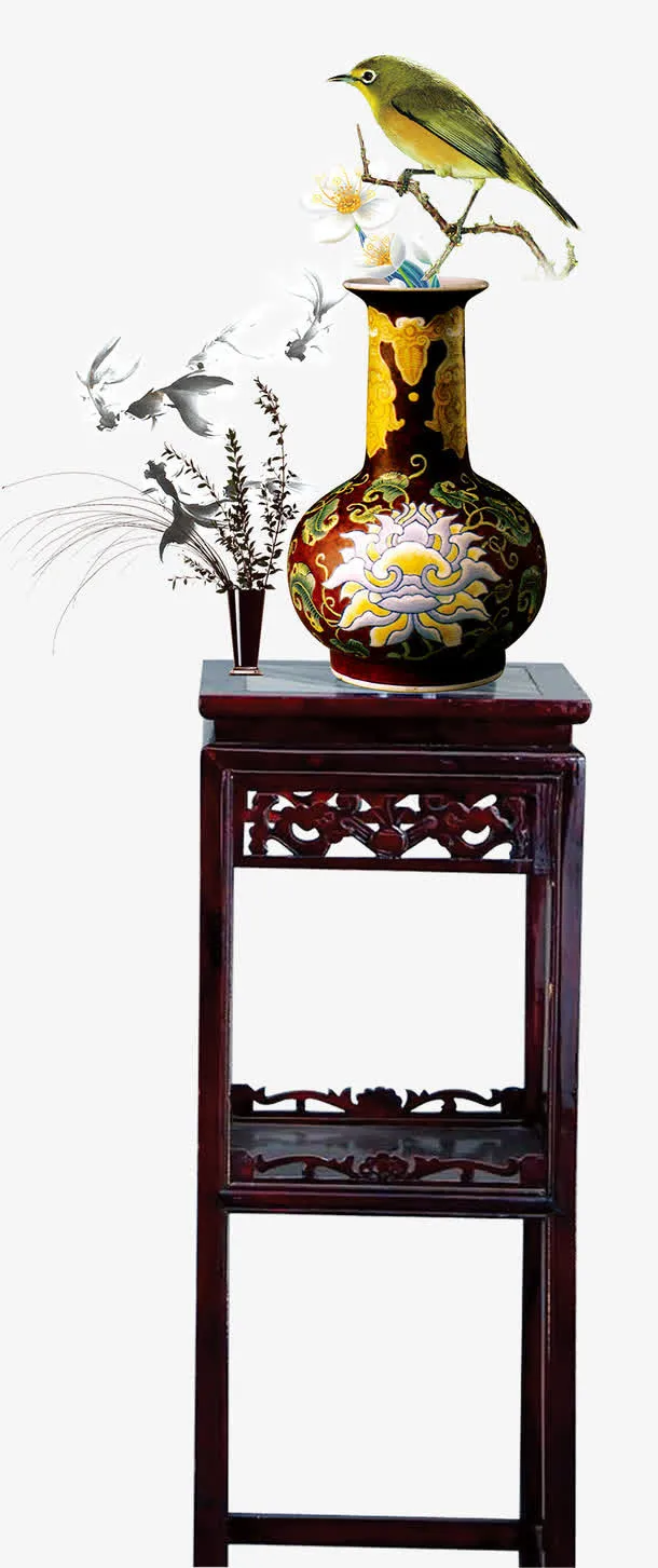 中国风木桌上的花瓶免抠