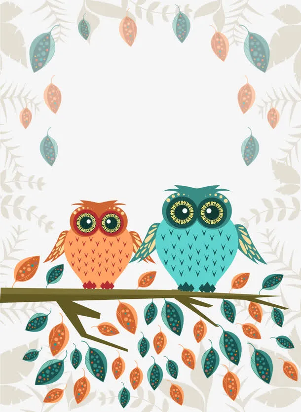 可爱卡通插图猫头鹰与树枝叶免抠