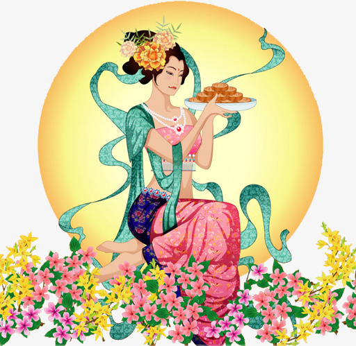 中秋月亮端月饼古典美女免抠