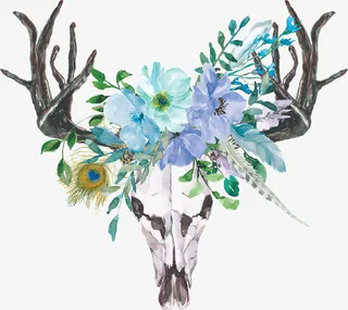 手绘卡通羊头骨花草装饰免抠