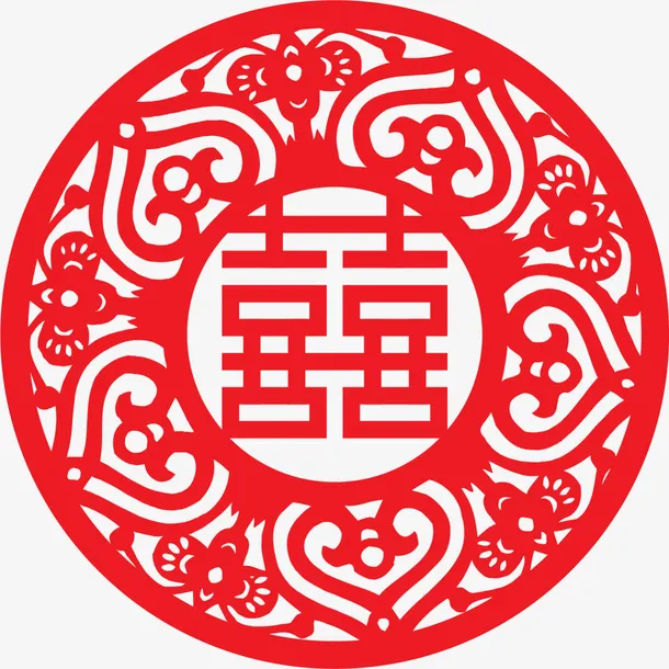 红色中国风双喜剪纸免抠