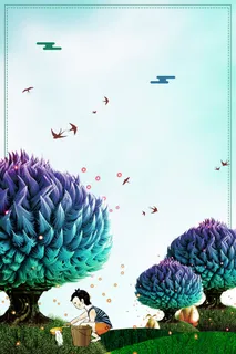 绿色手绘清新植树节大树植树的小朋友背景高清