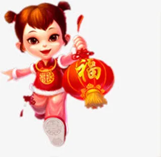 卡通新年拿灯笼的女孩免抠