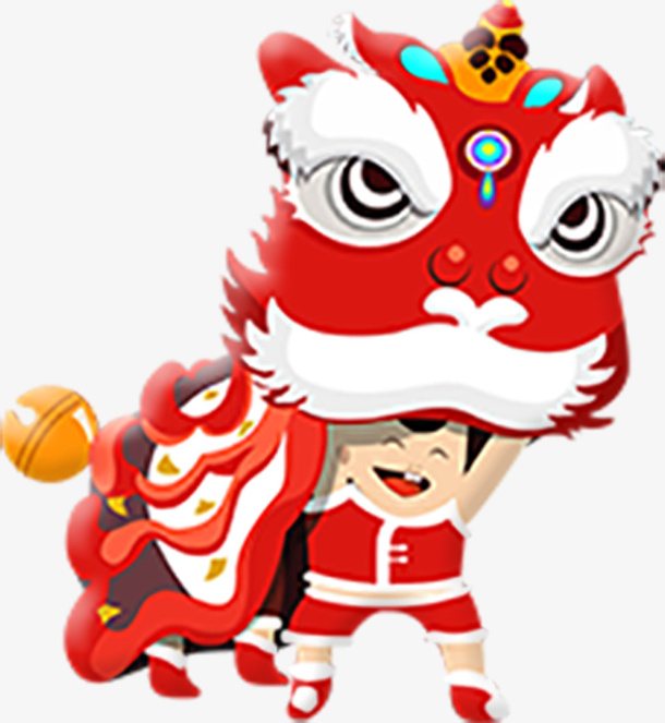 舞狮小男孩白色狮头免抠