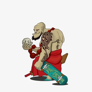 卡通手拿骷髅头和滑板的鲁智深免抠