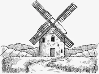 手绘风车磨坊矢量素材免抠