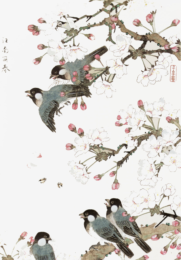 古风彩绘树鸟免抠