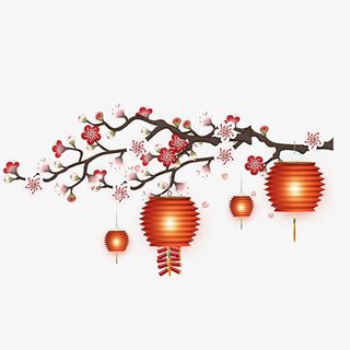PNG梅花灯笼树枝免抠
