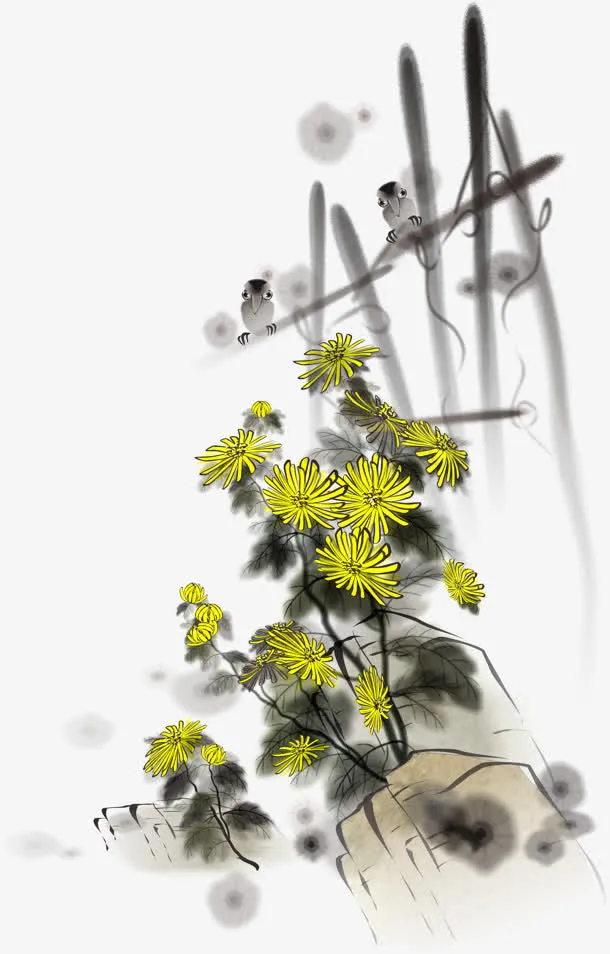 创意合成水墨效果黄色的菊花免抠