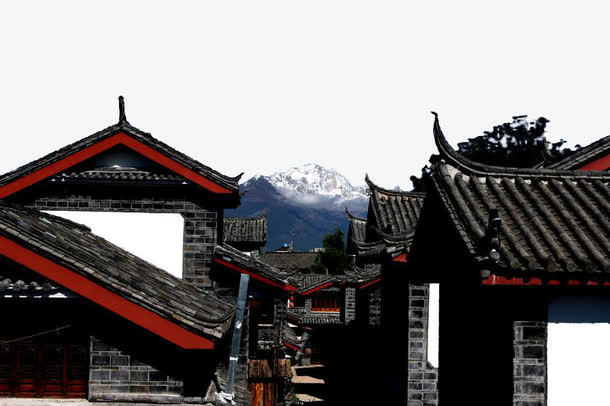 云南丽江古城与玉龙雪山远景免抠