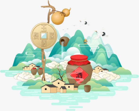 山村里的酒坛葫芦等中国风插画免抠