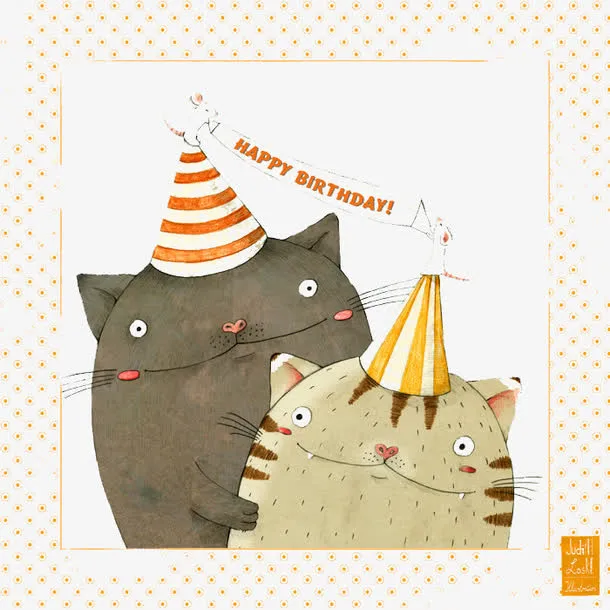 手绘胖猫咪生日贺卡免抠