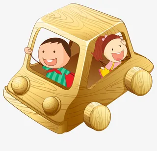 卡通手绘木质小车免抠