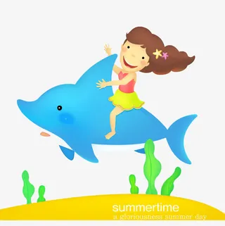 卡通小女孩骑海豚免抠