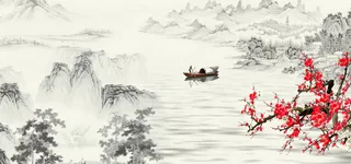 山水画梅花花瓣背景高清