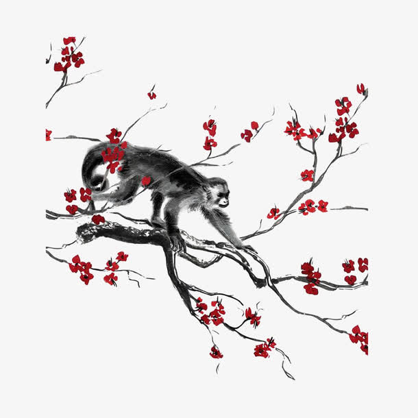 中国风水墨画猴子爬树免抠免抠