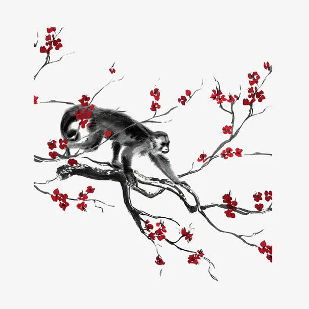 中国风水墨画猴子爬树免抠免抠