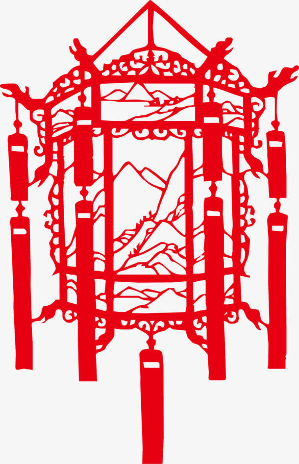 红色剪纸灯笼免抠