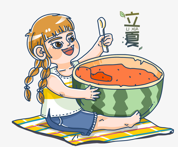 手绘可爱插图立夏节气女孩吃西瓜免抠
