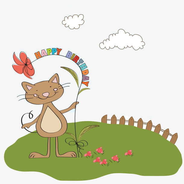 卡通草地上的猫免抠