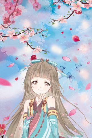 樱花背景小女孩春天樱花飘落高清