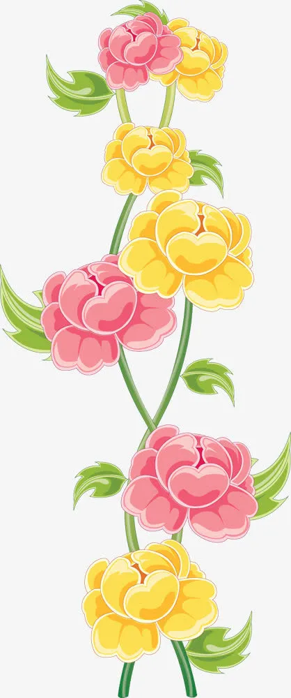 手绘绿叶粉黄花朵免抠