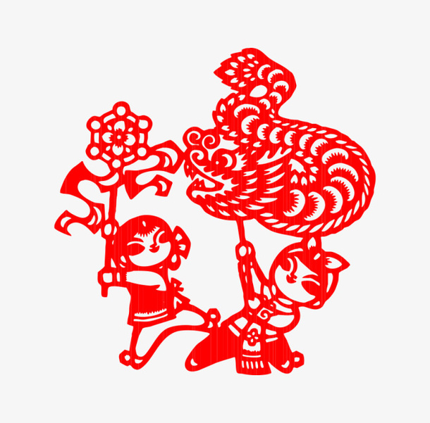 红色中国风可爱小孩剪纸免抠